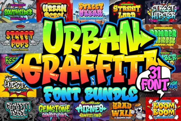 31 Graffiti Font Bundle: Streetbomber, Brokers,Squarespray, the Urban Rebels, Lodstay,Bombero