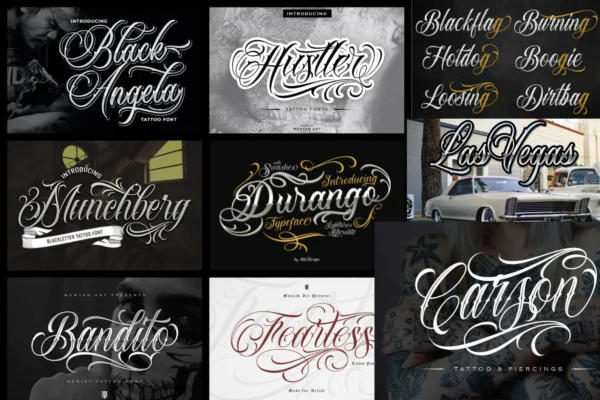 Vintage-Inspired Tattoo Fonts Bundle: Black Angela, Bandito, Durango, Fearless, The Hustler, Munchberg - Perfect for Logos, T-Shirts.