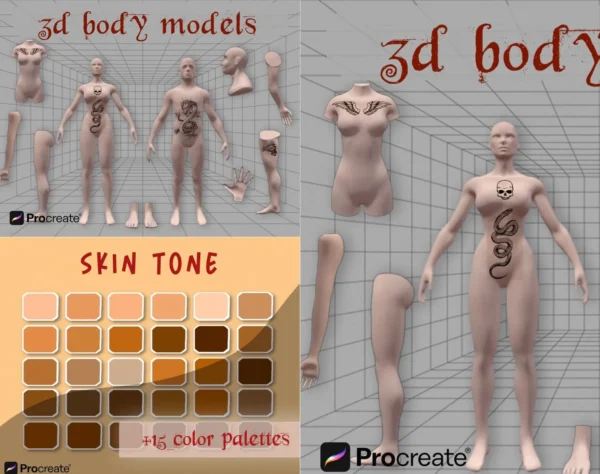 3D Human Models Set for Procreate: Male & Female Figures + 15 Skin Tones for Realistic Tattoo Design