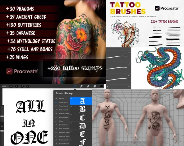 Ultimate Procreate Bundle for Tattoo Artists: 230+ Brushes, 280 Stencils, 6 Lettering Brushes, 3D Human Models, Skin Palettes, and Textures