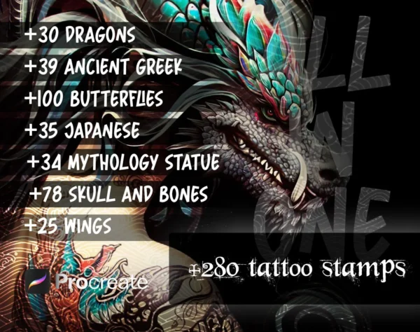 Ultimate Procreate Bundle for Tattoo Artists: 230+ Brushes, 280 Stencils, 6 Lettering Brushes, 3D Human Models, Skin Palettes, and Textures - Image 3