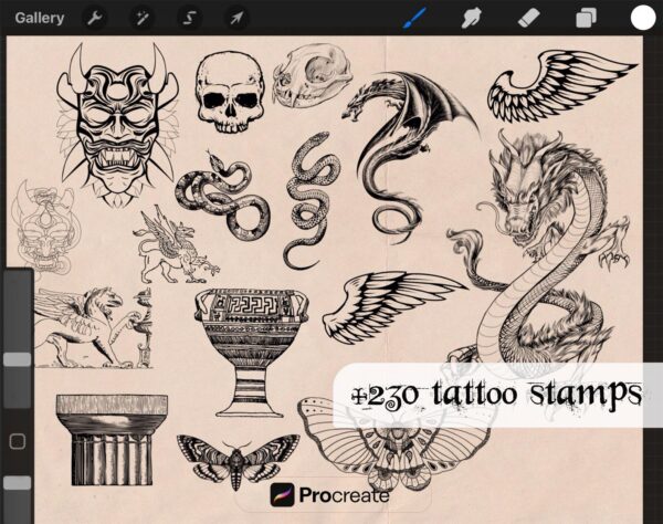 Ultimate Procreate Bundle for Tattoo Artists: 230+ Brushes, 280 Stencils, 6 Lettering Brushes, 3D Human Models, Skin Palettes, and Textures - Image 5